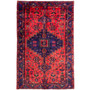 Zanjan Persian Rug 7x4 ft - Semi Antique Medallion Toranj, Herati Mahi Crimson, Navy Blue, Madder Red Hand Knotted | front view | SKU 112380