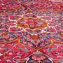 Sharabian Persian Rug 11x7 ft - Semi Antique Medallion (Toranj), Shah Abbasi Madder Red, Dark Red, Navy Blue Hand Knotted | side view | SKU 112413