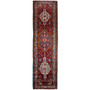 Azerbaijan Persian Rug 14x3 ft - Semi Antique Medallion (Toranj), Geometric Madder Red, Navy Blue, Cream Hand Knotted | front view | SKU 112438