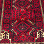Baluch Persian Rug 8x4 ft - Semi Antique Geometric, Diamond Lattice Dark Red, Burgundy, Crimson Hand Knotted | side view | SKU 112550