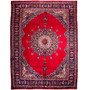 Mashhad Persian Rug 11x8 ft - Semi Antique Medallion (Toranj), Shah Abbasi Crimson, Navy Blue, Cream Hand Knotted | front view | SKU 112557