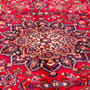 Mashad Persian Rug 9x8 ft - Semi Antique Medallion Crimson, Ultramarine Hand Knotted | side view | SKU 112560