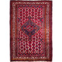 Shiraz Persian Rug 8x5 ft - Semi Antique Medallion Geometric Madder Red, Navy Blue, Cream Hand Knotted | front view | SKU 112709
