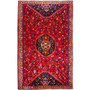 Qashqai Persian Rug 8x5 ft - Semi Antique Medallion Toranj, Herati Mahi Madder Red, Navy Blue, Cream Hand Knotted | front view | SKU 112717