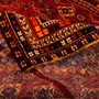 Shiraz Persian Rug 7x5 ft - Semi Antique Medallion Geometric Madder Red, Navy Blue, Cream Hand Knotted | corner detail | SKU 112750