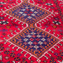 Shiraz Persian Rug 9x6 ft - Semi Antique Medallion Geometric Madder Red, Navy Blue, Ivory Hand Knotted | side view | SKU 112759