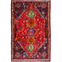 Shiraz Persian Rug 8x5 ft - Semi Antique Medallion Geometric Madder Red, Navy Blue, Ivory Hand Knotted | front view | SKU 112760