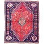 Shiraz Persian Rug 5x4 ft - Semi Antique Medallion Toranj, Geometric Madder Red, Navy Blue, Ivory Hand Knotted | front view | SKU 112769