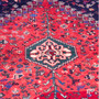 Shiraz Persian Rug 5x4 ft - Semi Antique Medallion Toranj, Geometric Madder Red, Navy Blue, Ivory Hand Knotted | side view | SKU 112769
