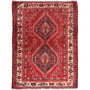 Shiraz Persian Rug 5x3 ft - Semi Antique Medallion Geometric Madder Red, Cream, Navy Blue Hand Knotted | front view | SKU 112774