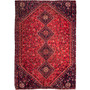 Shiraz Persian Rug 9x6 ft - Semi Antique Medallion (Toranj), Geometric Madder Red, Dark Red, Navy Blue Hand Knotted | front view | SKU 112786