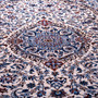 Nain Persian Rug 9x6 ft - Semi Antique Medallion (Toranj), Shah Abbasi Ivory, Navy Blue, Persian Blue Hand Knotted | side view | SKU 112821