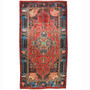 Nahavand Persian Rug 10x4 ft - Semi Antique Medallion (Toranj), Geometric Madder Red, Navy Blue, Turquoise Hand Knotted | front view | SKU 110251