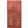 Senneh Persian Rug 10x5 ft - Semi Antique Medallion Toranj, Herati Mahi Madder Red, Crimson, Navy Blue Hand Knotted | front view | SKU 110343