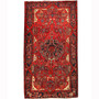 Nahavand Persian Rug 9x5 ft - Semi Antique Medallion Toranj, Herati Mahi Madder Red, Navy Blue, Cream Hand Knotted | front view | SKU 110460