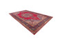 Sabzevar Persian Rug 9x6 ft - Semi Antique Medallion Toranj, Shah Abbasi Crimson, Navy Blue, Cream Hand Knotted | detail view | SKU 110593