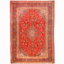 Kashan Persian Rug 12x8 ft - Semi Antique Medallion Crimson, Navy Blue Hand Knotted | front view | SKU 110990