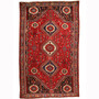 Shiraz Persian Rug 9x6 ft - Semi Antique Medallion Geometric Madder Red, Dark Red, Navy Blue Hand Knotted | front view | SKU 111044