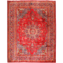 Sabzevar Persian Rug 12'8" x 9'10" - Semi Antique Medallion Crimson, Beige Hand Knotted | front view | SKU 111006