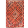 Josheghan Persian Rug 7'1" x 4'8" - Semi Antique Geometric Crimson, Navy Blue Hand Knotted | front view | SKU 111034