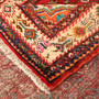 Hamadan Persian Rug 12'12" x 5'4" - Semi Antique Afshan Red, Blue Hand Knotted | corner detail | SKU 111058