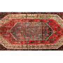Senneh Persian Rug 9'11" x 4'4" - Semi Antique Medallion Crimson, Navy Blue Hand Knotted | pile detail | SKU 111084