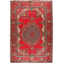 Tabriz Persian Rug 9x6 ft - Semi Antique Shah Abbasi, Medallion (Toranj) Madder Red, Cream, Navy Blue Hand Knotted | front view | SKU 111107