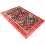 Lori Persian Rug 6x4 ft - Semi Antique Geometric, Diamond Lattice Red, Black, Cream Hand Knotted | texture detail | SKU 111114
