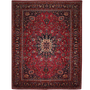 Mashhad Persian Rug 13x10 ft - Semi Antique Shah Abbasi, Medallion (Toranj) Crimson, Navy Blue, Cream Hand Knotted | front view | SKU 111209