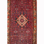 Hamadan Persian Rug 9x3 ft - Semi Antique Medallion (Toranj), Herati (Mahi) Madder Red, Navy Blue, Crimson Hand Knotted | front view | SKU 111230