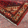 Hamadan Persian Rug 9x3 ft - Semi Antique Medallion (Toranj), Herati (Mahi) Madder Red, Navy Blue, Crimson Hand Knotted | corner detail | SKU 111230