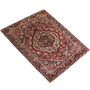 Bakhtiari Persian Rug 8x5 ft - Semi Antique Medallion Toranj, Geometric Madder Red, Cream, Navy Blue Hand Knotted | texture detail | SKU 111355