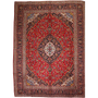 Kashan Persian Rug 13x9 ft - Semi Antique Shah Abbasi, Medallion (Toranj) Crimson, Navy Blue, Cream Hand Knotted | front view | SKU 111374