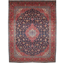 Kashan Persian Rug 13x10 ft - Semi Antique Medallion (Toranj), Shah Abbasi Crimson, Navy Blue, Cream Hand Knotted | front view | SKU 111453