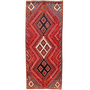 Shiraz Persian Rug 8x3 ft - Semi Antique Geometric, Diamond Lattice Madder Red, Dark Red, Burgundy Hand Knotted | front view | SKU 111470