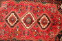 Shiraz Persian Rug 8'0" x 4'7" - Semi Antique Geometric Blue, Red Hand Knotted | detail view | SKU 111483