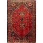 Shiraz Persian Rug 8x5 ft - Semi Antique Medallion Geometric Madder Red, Dark Red, Brown Hand Knotted | front view | SKU 111497