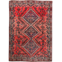 Shiraz Persian Rug 8x5 ft - Semi Antique Geometric, Diamond Lattice Madder Red, Dark Red, Navy Blue Hand Knotted | front view | SKU 111499