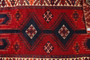 Shiraz Persian Rug 8'7" x 3'11" - Semi Antique Geometric Blue, Red Hand Knotted | corner detail | SKU 111512
