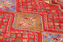 Shiraz Persian Rug 8'2" x 5'2" - Semi Antique Geometric Blue, Red Hand Knotted | detail view | SKU 111515