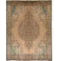 Tabriz Persian Rug 12x9 ft - Semi Antique Shah Abbasi, Medallion (Toranj) Camel, Sage Green, Brown Hand Knotted | front view | SKU 111572