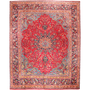 Sabzevar Persian Rug 12x9 ft - Semi Antique Shah Abbasi, Medallion (Toranj) Crimson, Navy Blue, Cream Hand Knotted | front view | SKU 111633