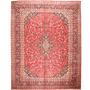 Mashad Persian Rug 12'8" x 9'7" - Semi Antique Medallion Crimson, Ultramarine Hand Knotted | front view | SKU 111637