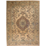 Tabriz Persian Rug 9x6 ft - Semi Antique Eslimi Medallion Cream Brown Camel Hand Knotted | front view | SKU 111693