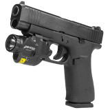 Nightstick Black Subcompact Handgun Light w/Green Laser, Shown on Glock Facing Left Upper Angle
