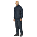 Workrite Navy 12.5 oz. Fleece 1/4-Zip Job Shirt, Worn with Pants, Facing Front Left Angle