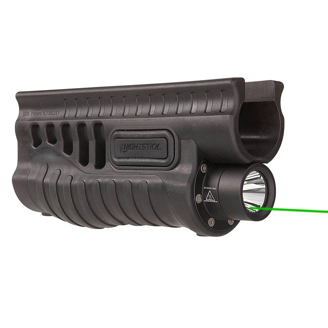 Nightstick Forend Light with Green Laser - Remington 870/TAC-14, Black front angled view