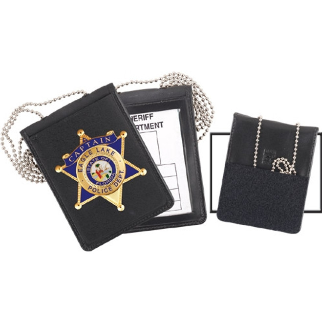 Strong Leather Recessed Velcro Badge and ID Holder with Chain - 2 ¾" Badge