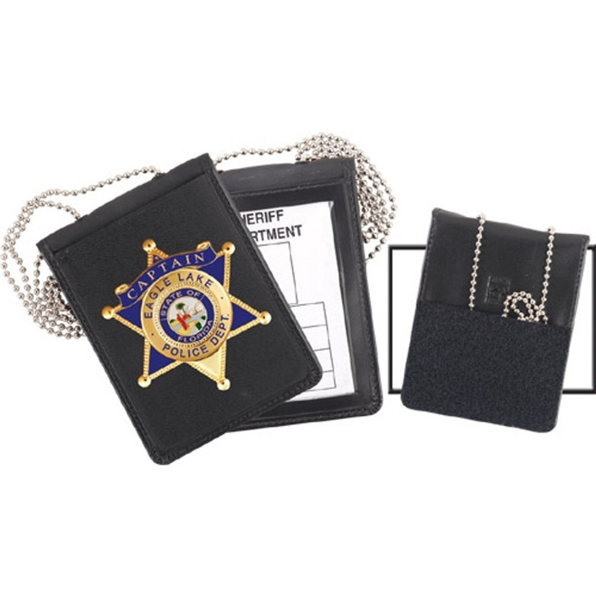 Strong Leather Recessed Velcro Badge and ID Holder with Chain - 3 ⅛" Badge
