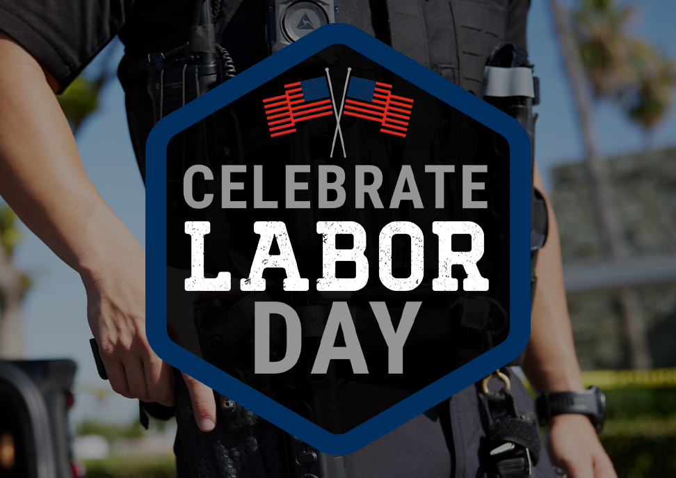 Celebrate Labor Day graphic with a photo of a police officer in the background